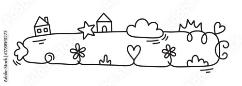 Hand drawn doodle banner with cute houses flowers and hearts. Minimalist continuous line art for kids decoration or creative design. Whimsical sketch element for web and print