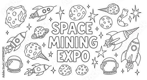 Space mining expo concept in a hand drawn doodle style. Black and white outline collection of rockets, asteroids, planets, and helmets for a futuristic exploration banner