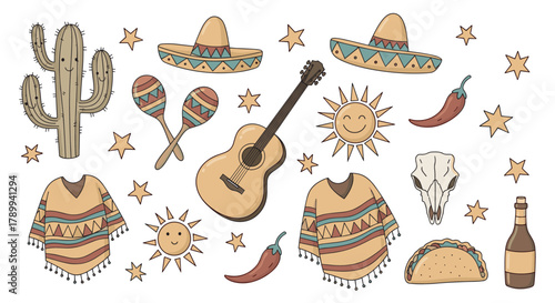 Collection of cute mexican culture icons for festive design. Hand drawn set with sombrero, cactus, guitar, and poncho. Traditional symbols for cinco de mayo celebration