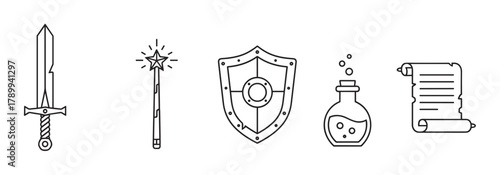 Fantasy rpg icon set with medieval elements. Includes a magic wand, sword, shield, potion, and scroll. Minimal line art collection for gaming or web interface design