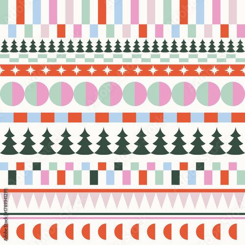 Stripes and trees chaotic Christmas seamless pattern. Candy colors festive shapes, lines and blocks wallpaper, gift wrap texture