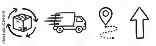 Hand drawn delivery and logistics icon set for e commerce business. Includes shipping truck, package return, location tracking and upload symbols. Minimalist doodle elements