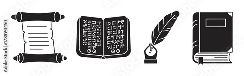 Collection of historical writing symbols isolated on white. Features an ancient scroll, old book, rune tablet, and a classic feather quill pen for education and storytelling