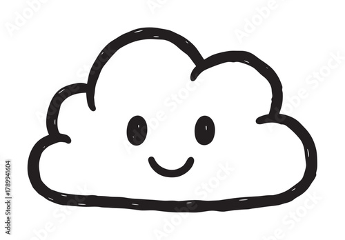 Cute smiling cloud character in a simple hand drawn doodle style. Happy weather icon for kids projects or emotional expression concepts like joy and contentment