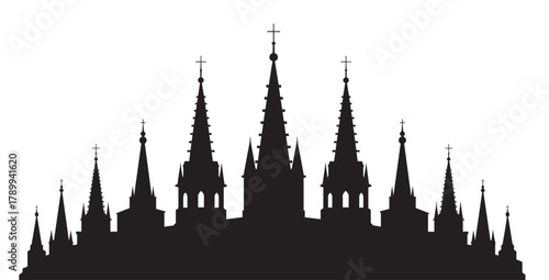 Grand gothic cathedral silhouette with multiple spires and christian crosses. Minimalist architectural icon of a historic religious building for faith and spirituality concepts
