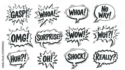 Comic speech bubbles with surprise and shock exclamations. Hand drawn set of pop art text balloons like wow, omg, and whoa for expressive communication and design elements