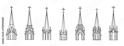 Set of various church building symbols in a simple line art style. Christian cathedral and chapel icons with gothic architecture spires and crosses for religious concepts