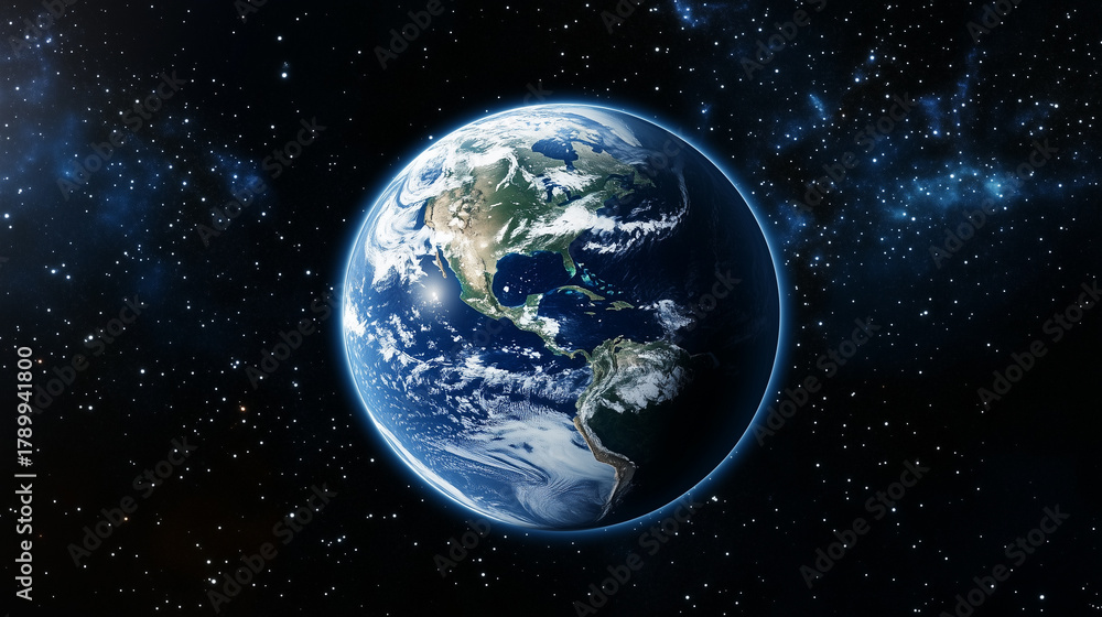 Fototapeta premium Planet Earth with detailed relief and atmosphere. Blue space background with earth and galaxy.