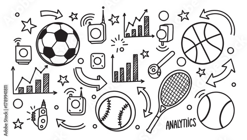 Hand drawn doodle set for sports analytics and betting. Outline icons of soccer, basketball, and baseball with data charts. Performance statistics and game analysis concept