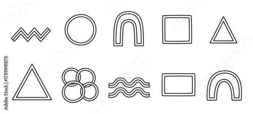 Set of abstract geometric shapes in a hand drawn doodle style. Minimalist black outline icons collection with circle, square, and triangle forms for modern graphic design