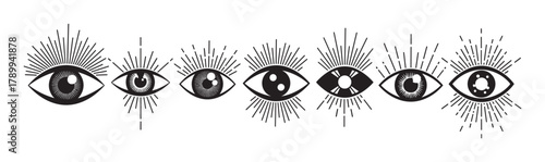 Mystical all seeing eye icons with sunbursts in a minimalist style. Esoteric and spiritual symbols for occult, magic, or alchemy themes. Black graphic tattoo design collection