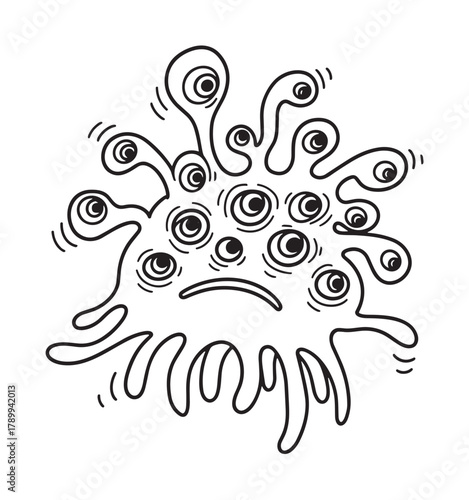 Quirky hand drawn monster with many eyes and a sad expression. Doodle style character representing anxiety, paranoia or fear. Simple black and white line art icon isolated