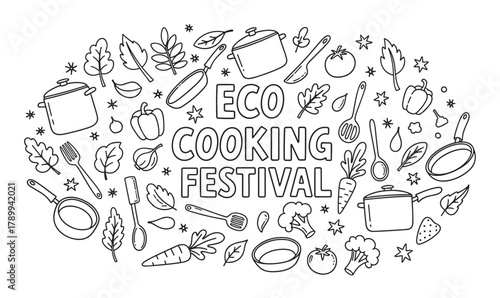 Eco cooking festival lettering with doodle elements. Hand drawn line art of vegetables and kitchenware for a healthy food event banner or organic market promotion concept