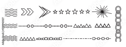 Collection of minimalist line art dividers and borders for graphic design. Set of geometric shapes including waves, arrows, stars, and chains for creating decorative elements