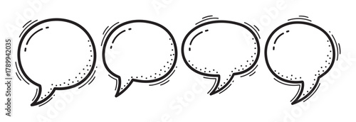 A set of hand drawn speech bubbles in a simple doodle style. Blank comic chat boxes and dialogue balloons for communication, messages, social media posts, and quote templates