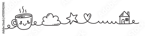 Hand drawn doodle of a coffee cup leading to a house with cloud star and heart icons. Continuous line art representing home comfort and a happy morning routine