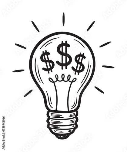 Hand drawn lightbulb with dollar signs inside representing a profitable idea. Business innovation and financial success concept for startups. Monochrome sketch icon for creativity