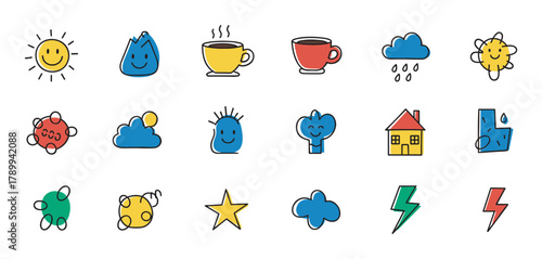 Playful collection of hand drawn doodle icons with cute smiley faces and weather elements. Colorful cartoon symbol set including sun, cloud, star and coffee for kids design