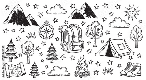 Hand drawn camping and hiking doodle icon set for outdoor adventure. Collection of nature travel elements including mountains, tent, campfire, and backpack sketches