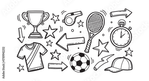 Collection of sports equipment and victory symbols in a hand drawn sketch style. Doodle elements including a trophy, football, whistle, and stopwatch for creative projects