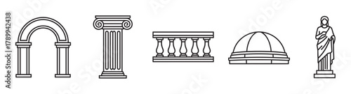 Ancient architecture icon set with classical greek and roman elements. Collection includes column, arch, dome, balustrade, and statue for historical or legal design concepts