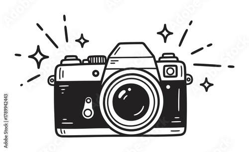 Hand drawn vintage camera icon in a cute doodle style. Retro photographic equipment symbol for a photographer logo or creative hobby concept. Simple black and white sketch