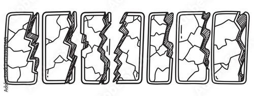 Hand drawn collection of broken smartphone icons with cracked and shattered screens. A visual concept for device damage, accidents, and electronic repair services