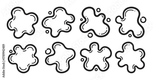 Collection of black and white liquid splash shapes in a hand drawn doodle style. Abstract amoeba or slime forms for modern graphic design and comic book elements