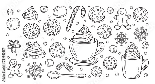 Hand drawn collection of christmas sweets and cozy winter drinks. Doodle outline set with hot chocolate, gingerbread cookies, marshmallows and snowflakes for holiday design