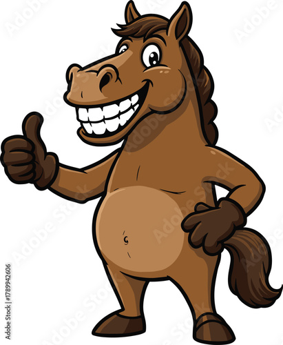 Cartoon horse mascot giving thumbs up, cheerful anthropomorphic character illustration for children’s media, entertainment branding, advertising, and playful design