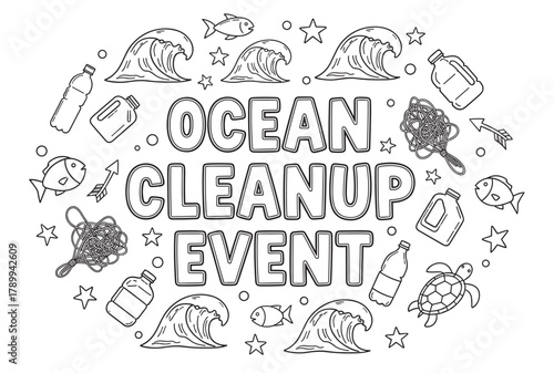 Ocean cleanup event concept with plastic pollution and marine life. Hand drawn doodle art for an environmental awareness campaign or coloring page activity