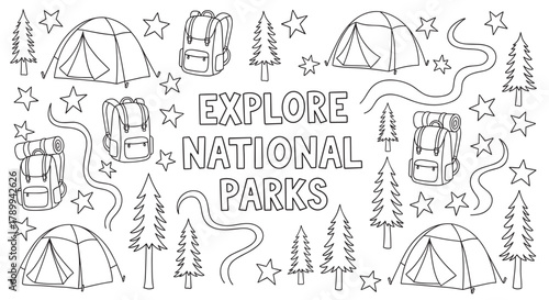 Explore national parks coloring page with camping and hiking elements. A doodle pattern of tents, backpacks, and trees for an outdoor adventure activity for children