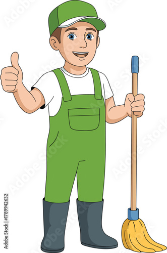 Cartoon cleaning worker character in green uniform with mop, thumbs up, friendly janitor mascot, hygiene maintenance service illustration design