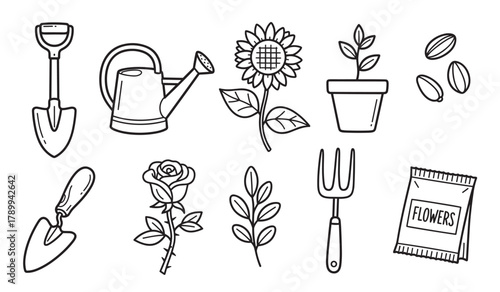 Hand drawn set of gardening icons with tools and flowers for spring planting. Minimalist outline collection with a shovel, watering can, sunflower, rose, and seeds