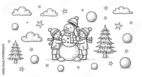 Happy children building a snowman together in a winter scene. Hand drawn doodle set with christmas trees, clouds, and stars. Cute holiday coloring page or festive seasonal design elements
