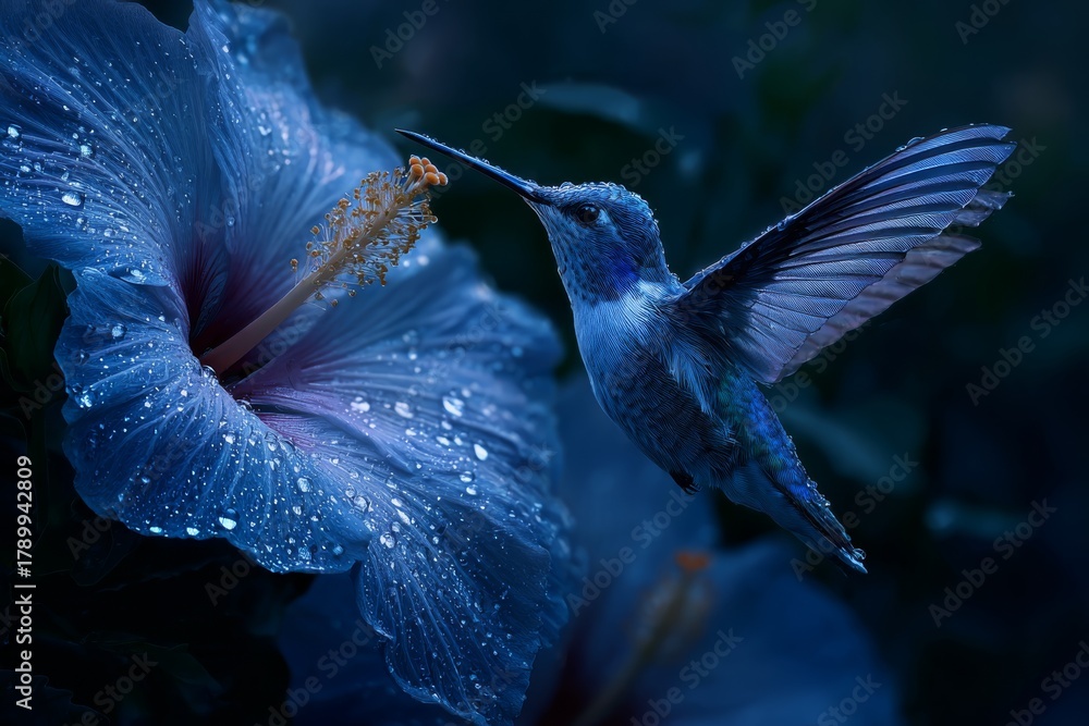 Fototapeta premium Hummingbird and Flower: A mesmerizing shot of a hummingbird delicately sipping nectar from a vibrant flower. A symphony of colors and textures, bringing a sense of serenity.