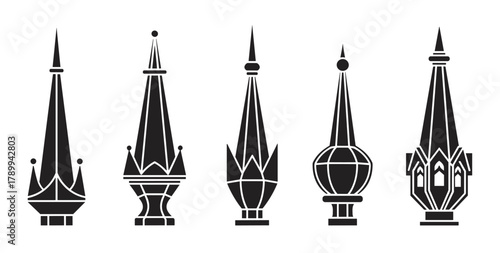 Collection of architectural tower spires in a minimal black silhouette style. Set of gothic and fantasy castle roof tops for creative design. Building elements isolated for logos or icons