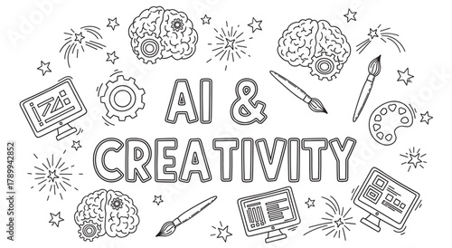 Artificial intelligence and creativity concept in a hand drawn style. Doodle icons of brains, gears, computers, and art supplies representing generative technology and innovation