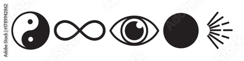 Set of abstract spiritual symbols showing a conceptual progression. Icons represent duality, eternity, perception, and enlightenment for philosophical or esoteric themes