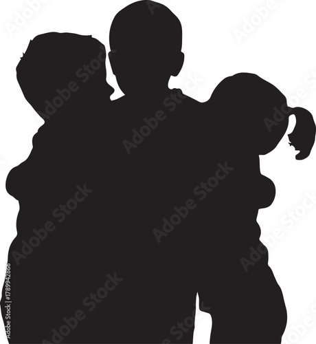 Three Children Hugging Together Silhouette