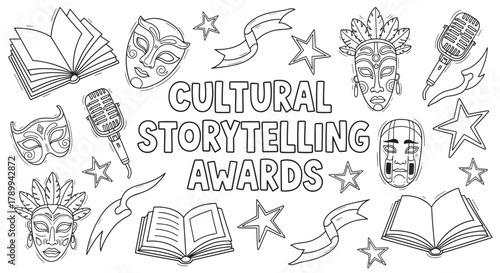 Cultural storytelling awards concept with hand drawn elements. Doodle set of icons including masks, books, microphones and stars for a literature or theater festival banner