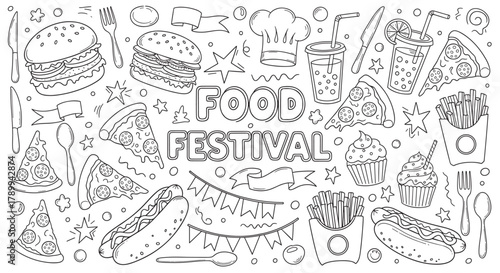 Food festival lettering with a collection of fast food doodles in a hand drawn style. Outline icons of pizza, burgers, hot dogs, and drinks for a street food event banner or coloring page