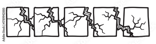 Sequence of five hand drawn blocks cracking and breaking apart. Minimalist black and white graphic illustrating the concept of damage, destruction and fragmentation