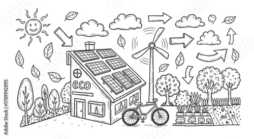 Eco friendly house with solar panels and wind turbine for renewable energy. Hand drawn doodle of a sustainable lifestyle with a bicycle, garden and nature elements