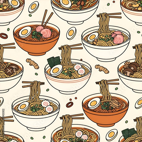 Seamless Pattern of Traditional Japanese Ramen Noodle Soup Bowls