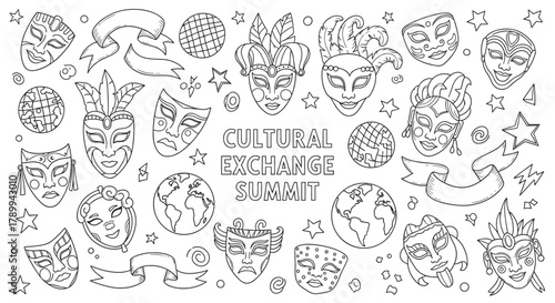 Cultural exchange summit concept with a collection of doodle style carnival masks and globes. International festival banner with hand drawn elements for a global event celebration