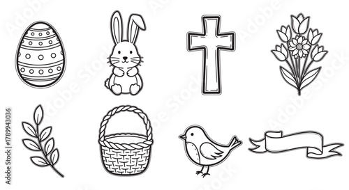 Easter celebration elements collection with religious and spring symbols. Hand drawn line art icons of a bunny, egg, cross, basket, flowers, bird, and a blank banner