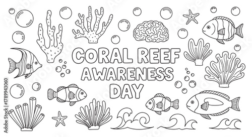 Hand drawn doodle set for coral reef awareness day with various sea life elements. Outline collection of tropical fish, coral, starfish, and a brain for an educational coloring activity