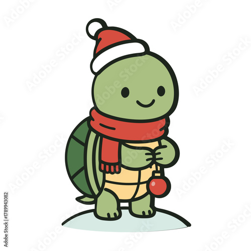 Cute Turtle In Santa Hat With Ornament, Winter Vector