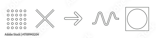 Collection of minimalist geometric icons for universal design projects. Set includes abstract shapes like a grid, cross, arrow, wave and a circle inside a square for branding